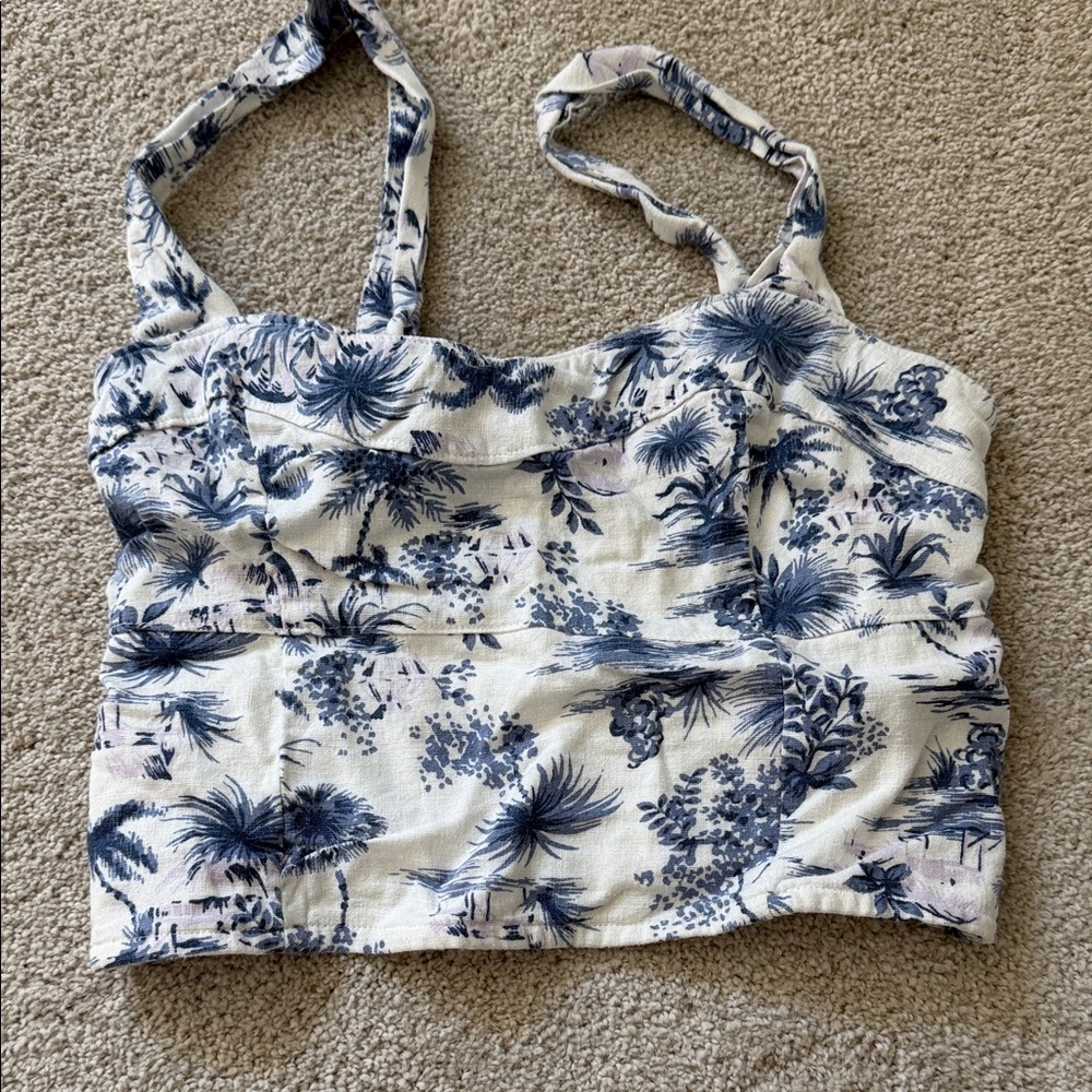 Abercrombie & Fitch White Crop Top with Blue Tropical Print